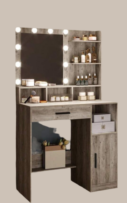 Dressing Table With Mirror And 10 LED Lights, Makeup Vanity With 3 Shelves