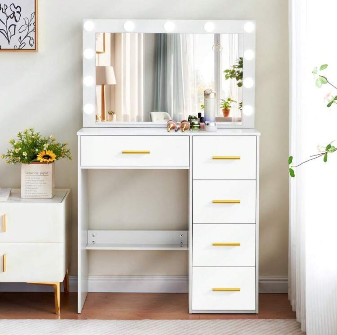 5-Drawers Vanity Table Set W/ Charging Station LED Mirror Makeup Desk Modern