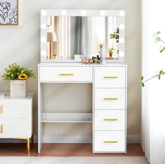 5-Drawers Vanity Table Set W/ Charging Station LED Mirror Makeup Desk Modern