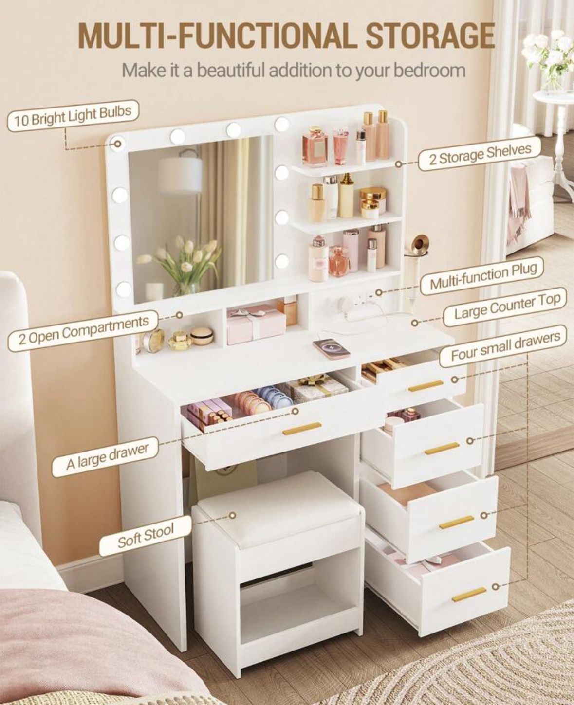 Dressing Table With 3-Colour LED Adjustable Brightness, Vanity Table With Plug And Large Mirror, Stool And Hairdryer Holder