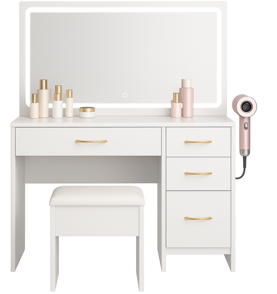 Dressing Table With LED Lights Sliding Mirror And Stool Vanity Table Makeup Desk