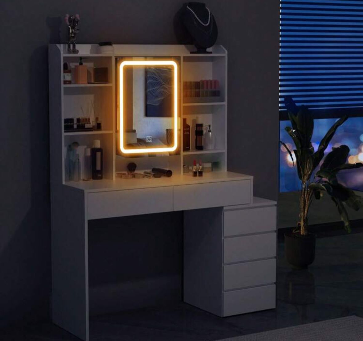 Large Vanity Desk Dressing Table With LED Lights, 3 Light Colours, Adjustable Brightness, Vanity Desk With Mirror