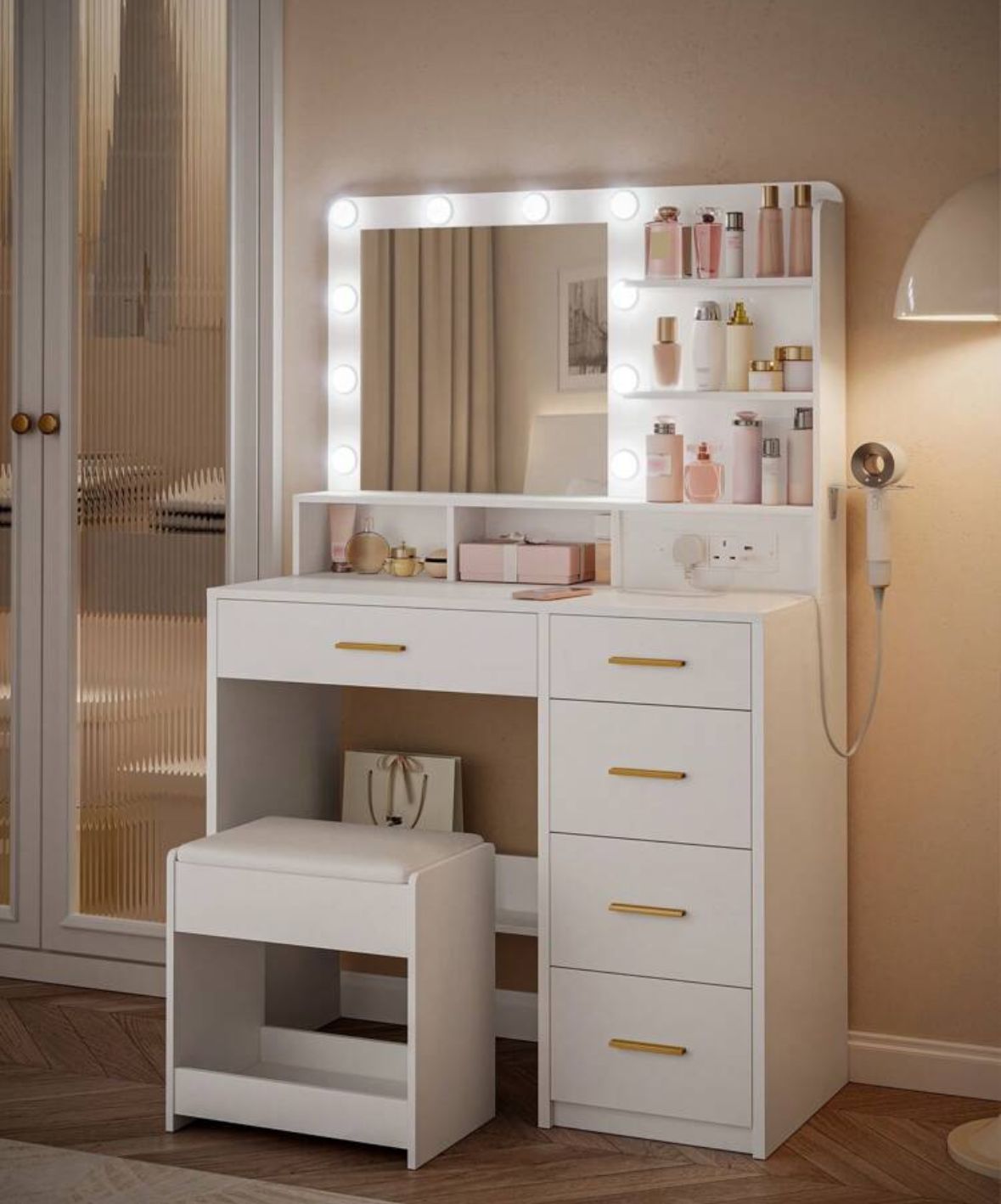 Dressing Table With 3-Colour LED Adjustable Brightness, Vanity Table With Plug And Large Mirror, Stool And Hairdryer Holder