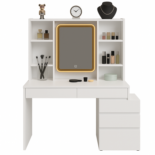 Large Vanity Desk Dressing Table With LED Lights, 3 Light Colours, Adjustable Brightness, Vanity Desk With Mirror
