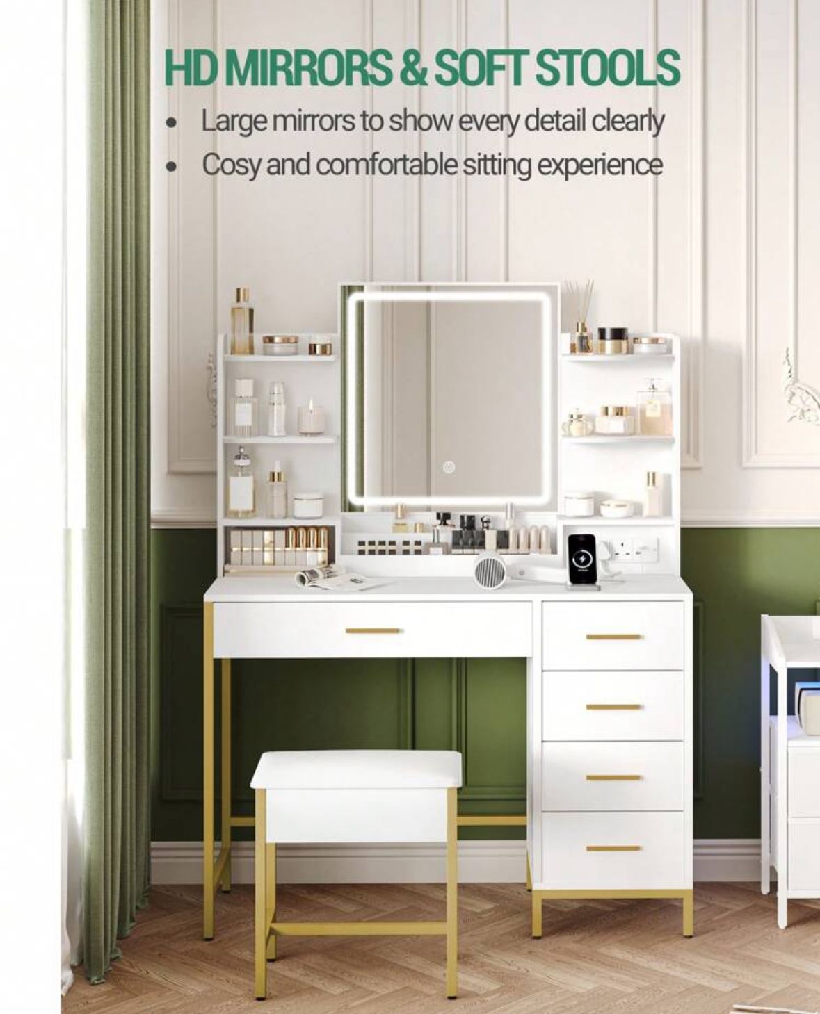 Dressing Table, With Padded Stool, HD Mirror, 5 Drawers, Open Storage Compartment, Modern Style, White-Gold