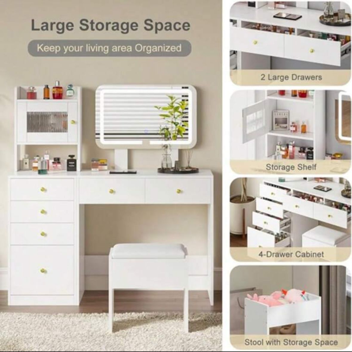 White Dressing Table With Mirror And Stool, Vanity Desk With Height Adjustable Lighted Mirror, Makeup Table With 6 Drawers