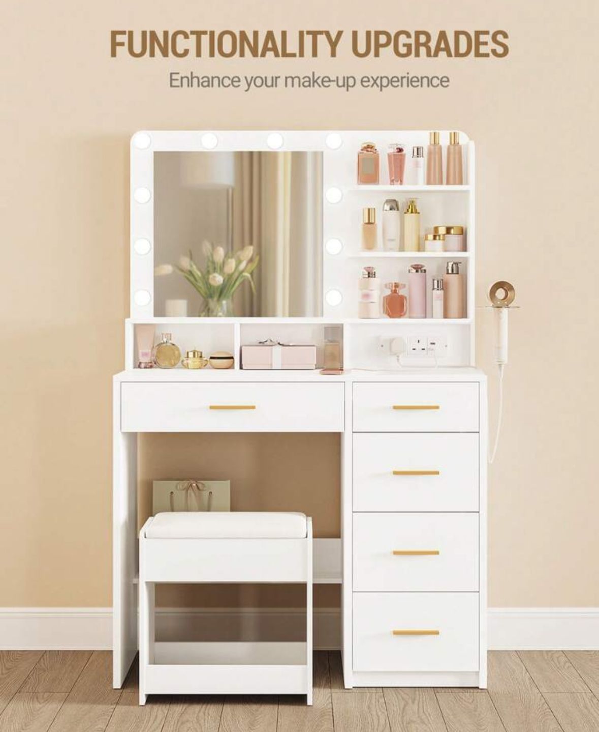 Dressing Table With 3-Colour LED Adjustable Brightness, Vanity Table With Plug And Large Mirror, Stool And Hairdryer Holder
