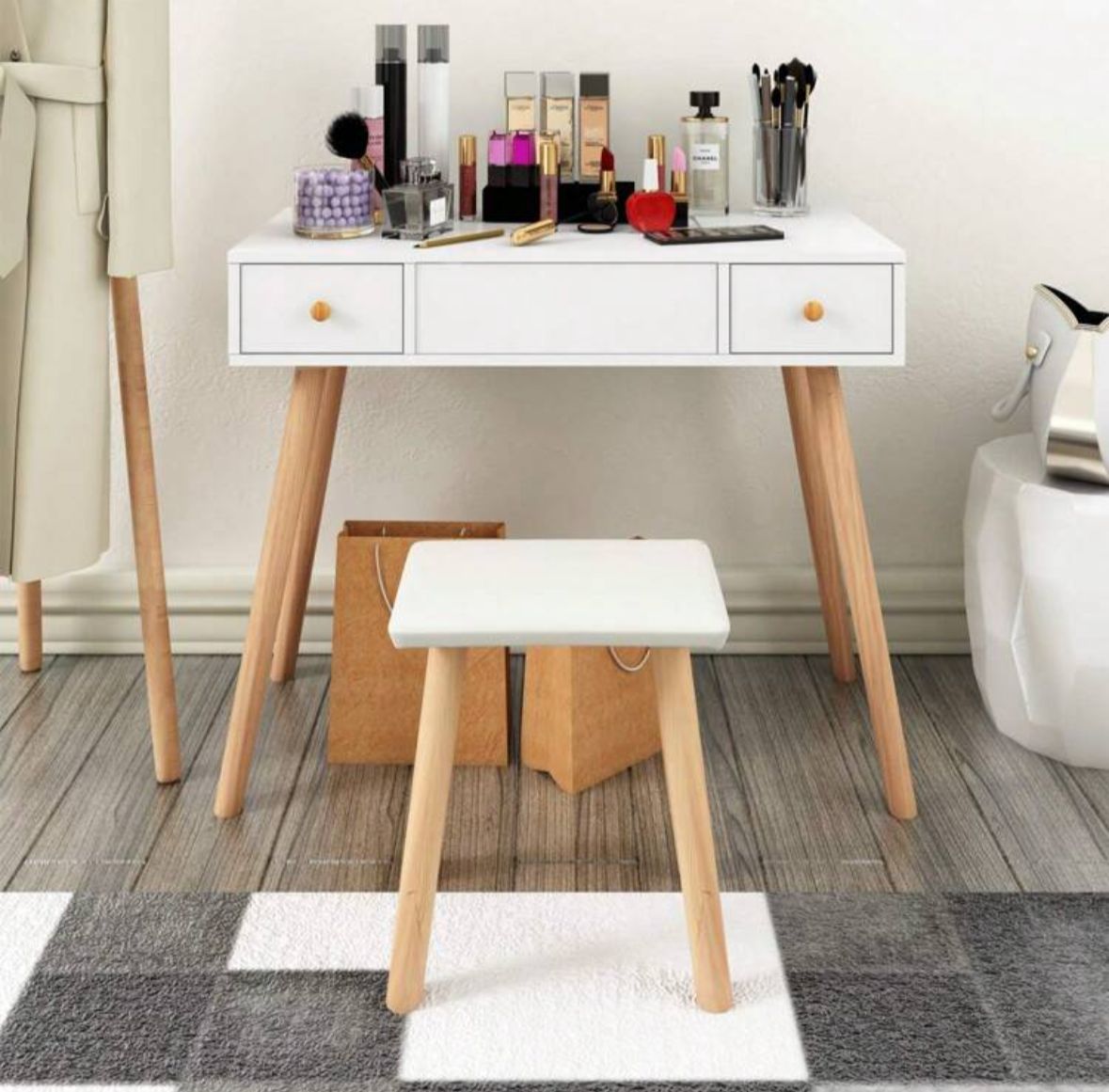 Dressing Table With Flip Up Mirror And Stool, Vanity Makeup Table Set With 2 Drawers And 5 Storage Compartments For Bedroom, White