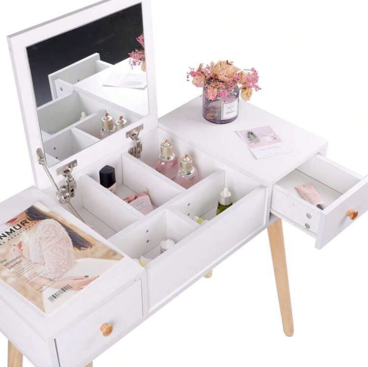 Dressing Table With Flip Up Mirror And Stool, Vanity Makeup Table Set With 2 Drawers And 5 Storage Compartments For Bedroom, White