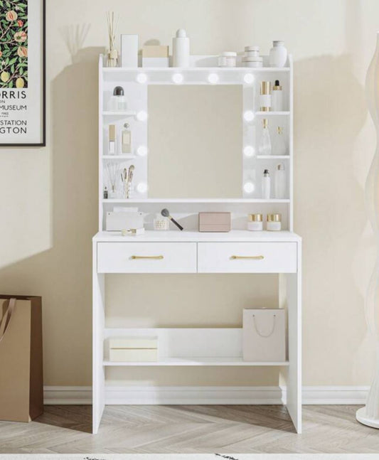 Dressing Table With Mirror, Dressing Table With Shelves And 2 Drawers, For Bedroom, Living Room, Adjustable Brightness