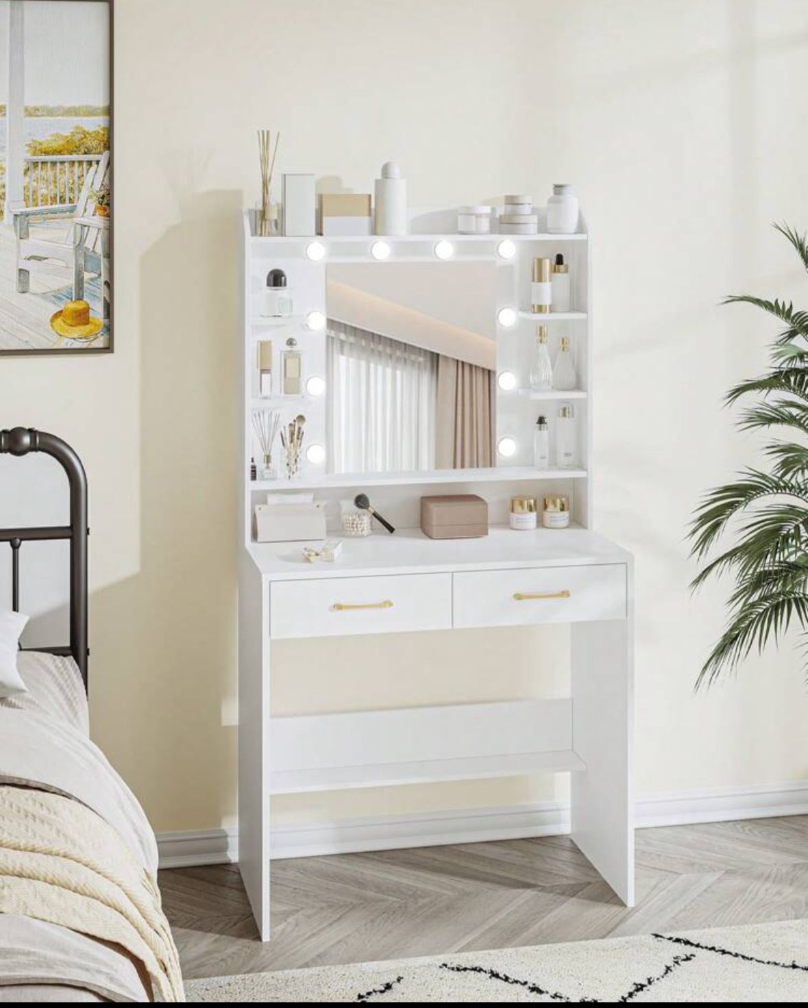 Dressing Table With Mirror, Dressing Table With Shelves And 2 Drawers, For Bedroom, Living Room, Adjustable Brightness