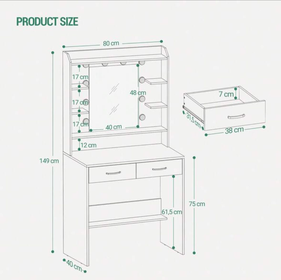Dressing Table With Mirror, Dressing Table With Shelves And 2 Drawers, For Bedroom, Living Room, Adjustable Brightness