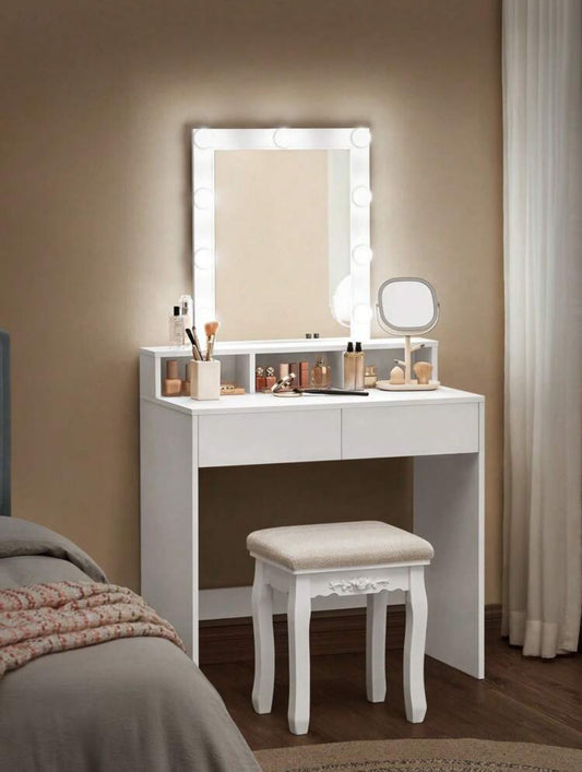 Dressing Table, LED Lights With Adjustable Brightness, Vanity Table With Mirror, 2 Drawers And 3 Compartments, Makeup Table, Modern, White