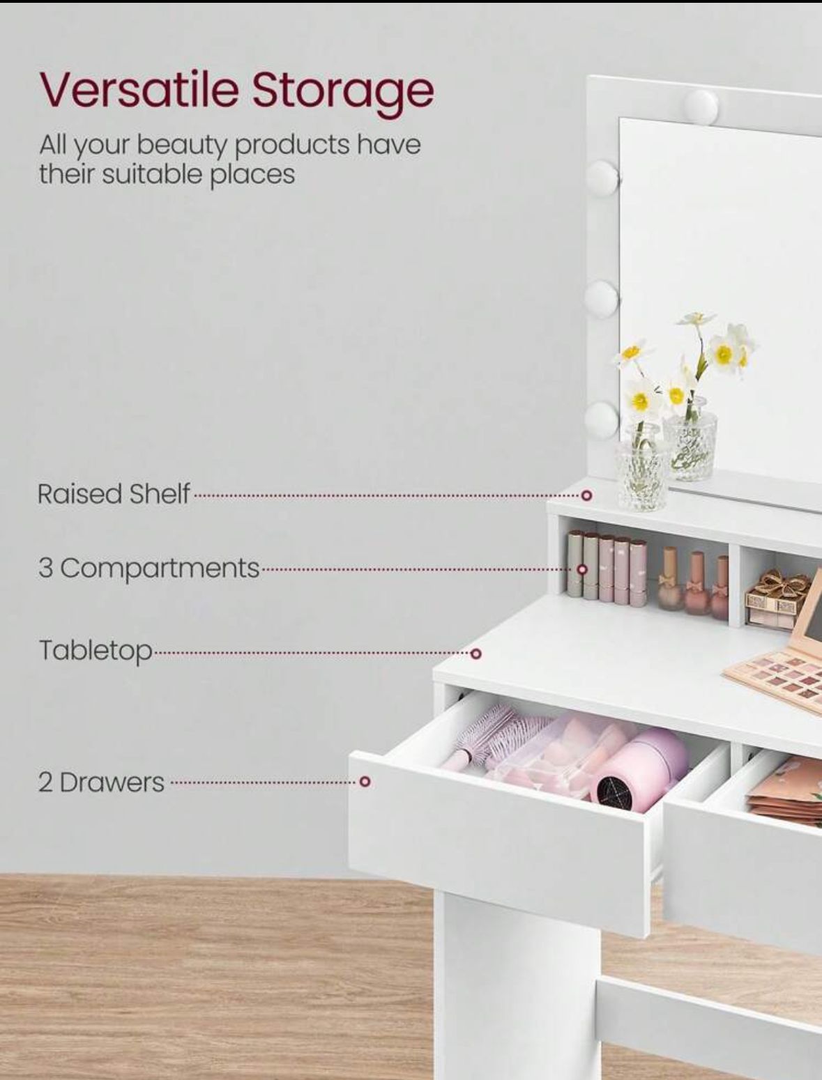 Dressing Table, Vanity Table With Large Mirror, LED Lights With Adjustable Brightness, 2 Drawers And 3 Compartments, Modern Makeup Table, White