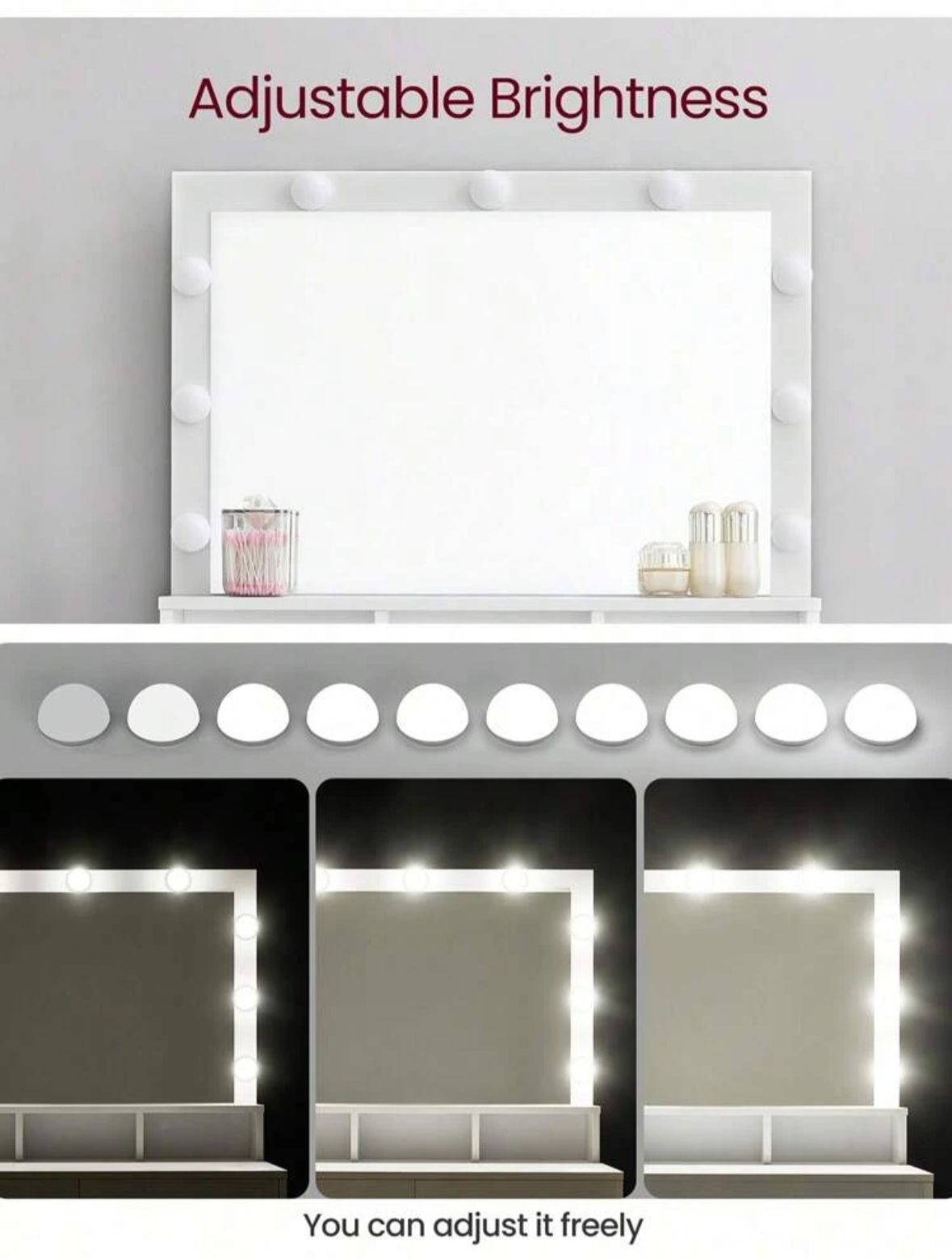 Dressing Table, Vanity Table With Large Mirror, LED Lights With Adjustable Brightness, 2 Drawers And 3 Compartments, Modern Makeup Table, White