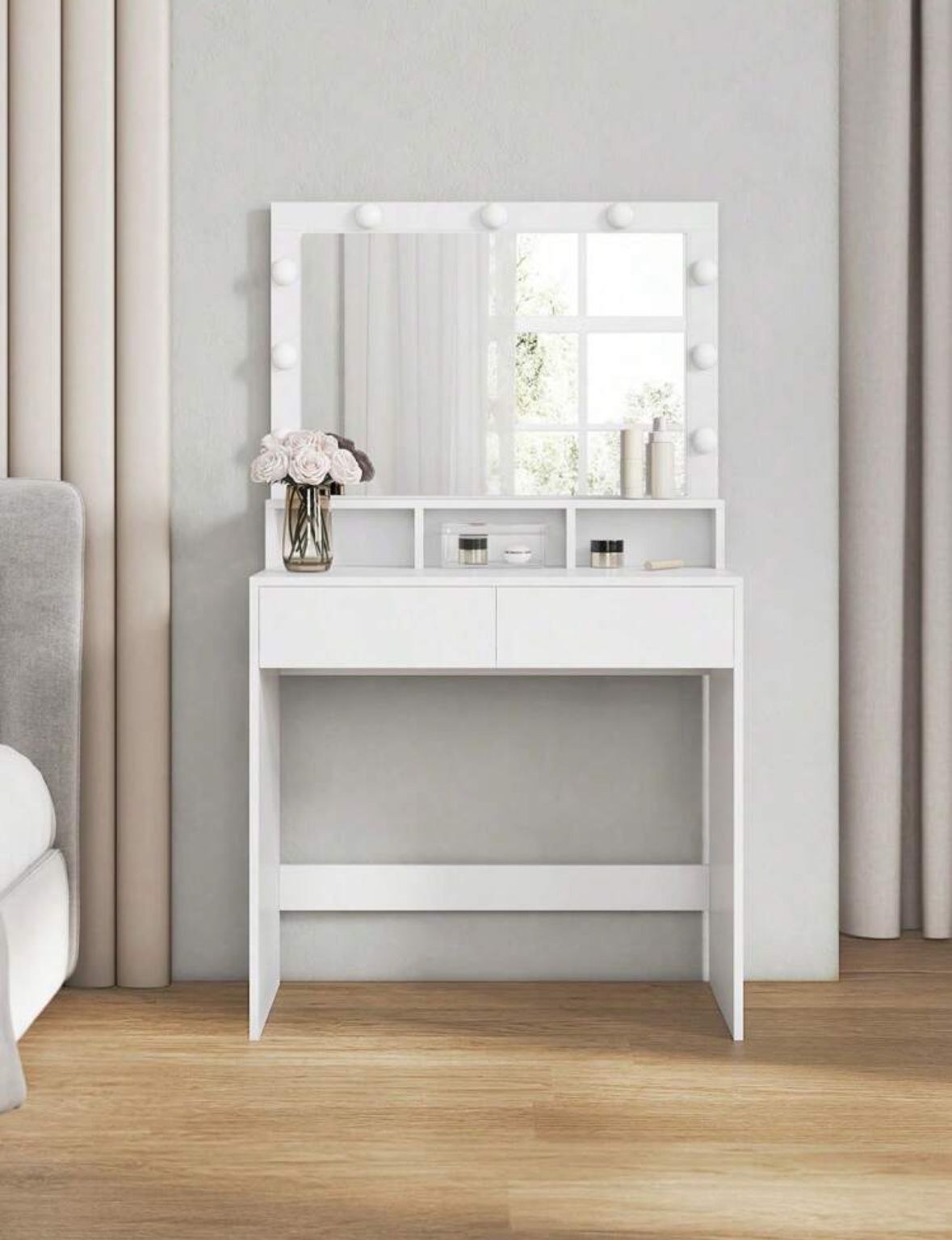 Dressing Table, Vanity Table With Large Mirror, LED Lights With Adjustable Brightness, 2 Drawers And 3 Compartments, Modern Makeup Table, White