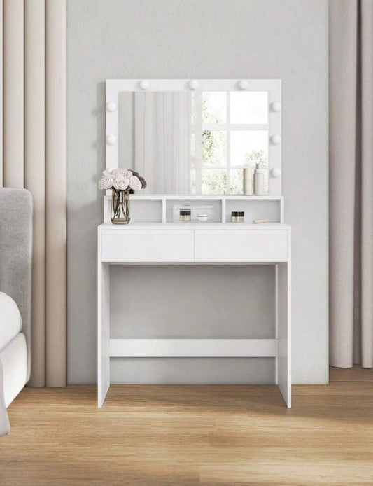 Dressing Table, Vanity Table With Large Mirror, LED Lights With Adjustable Brightness, 2 Drawers And 3 Compartments, Modern Makeup Table, White