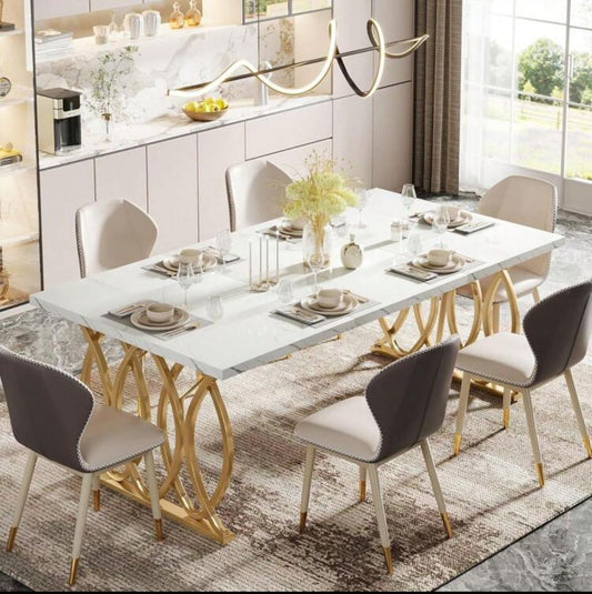 LITTLE TREE LITTLE TREE Modern Dining Table For 4-6 People, 63" Large Rectangular Kitchen Table With Faux Marble Tabletop And Geometric Legs, White & Gold