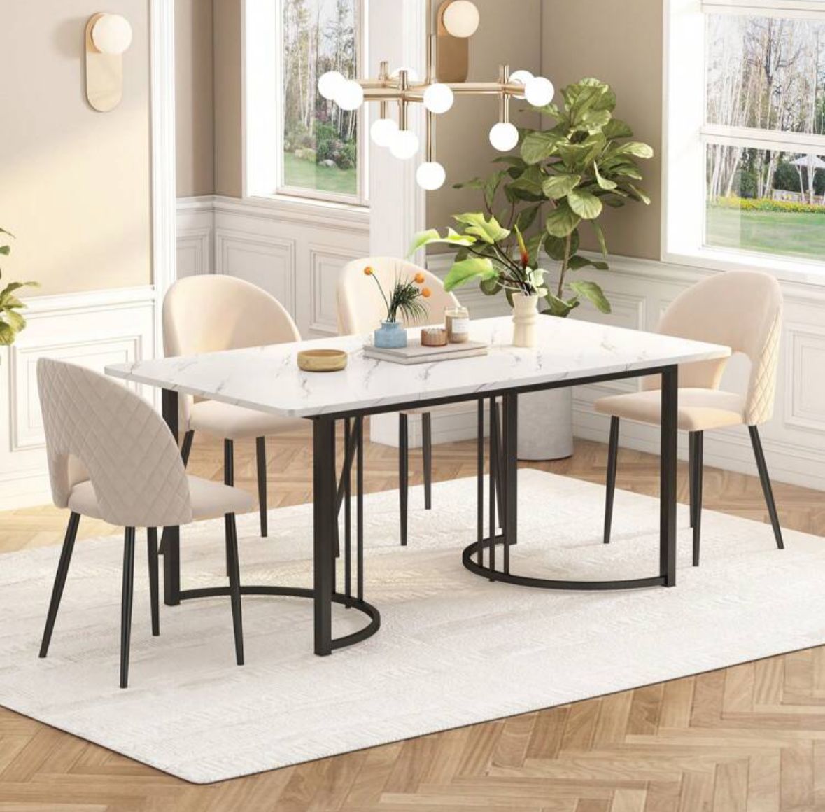 (White And Black )140 X 80cm Dining Table,(1-Pcs), Modern Kitchen Table, Metal Frame Rectangular Dining Table In Modern Marble Pattern Kitchen Table With Adjustable Feet For Dining Room Living Room( Excluding Chairs)