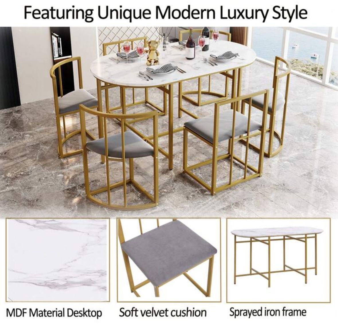 Dining Table And Chairs Set 6, Dining Room Sets, Iron Frame Dining Table With 6 Chairs & Grey Cushion, MDF White Marble Tabletop