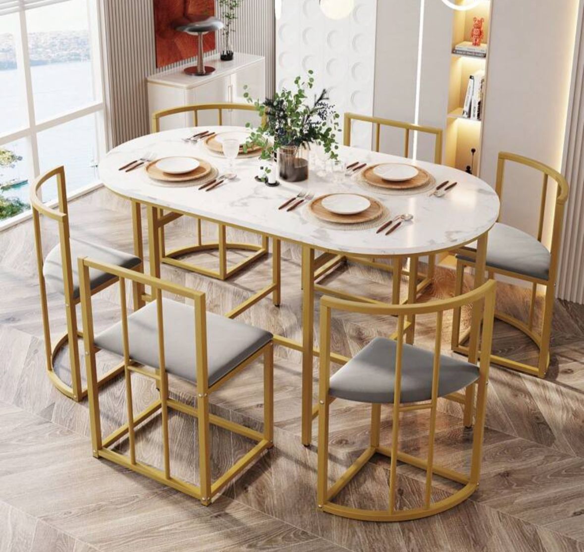Dining Table And Chairs Set 6, Dining Room Sets, Iron Frame Dining Table With 6 Chairs & Grey Cushion, MDF White Marble Tabletop