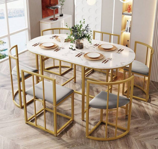 Dining Table And Chairs Set 6, Dining Room Sets, Iron Frame Dining Table With 6 Chairs & Grey Cushion, MDF White Marble Tabletop