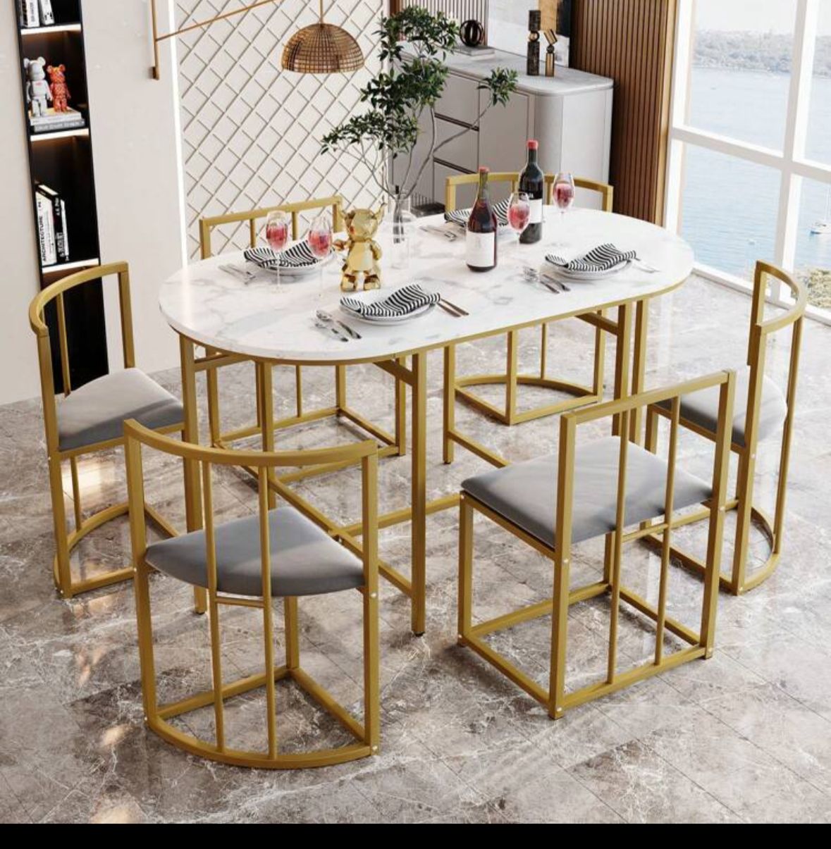 Dining Table And Chairs Set 6, Dining Room Sets, Iron Frame Dining Table With 6 Chairs & Grey Cushion, MDF White Marble Tabletop