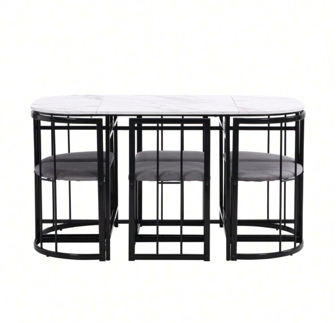 White Dining Table And Chairs Set 6, Dining Room Sets, Iron Frame Dining Table With 6 Chairs & Grey Cushion, MDF White Marble Tabletop