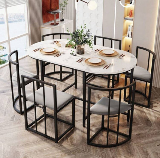 White Dining Table And Chairs Set 6, Dining Room Sets, Iron Frame Dining Table With 6 Chairs & Grey Cushion, MDF White Marble Tabletop