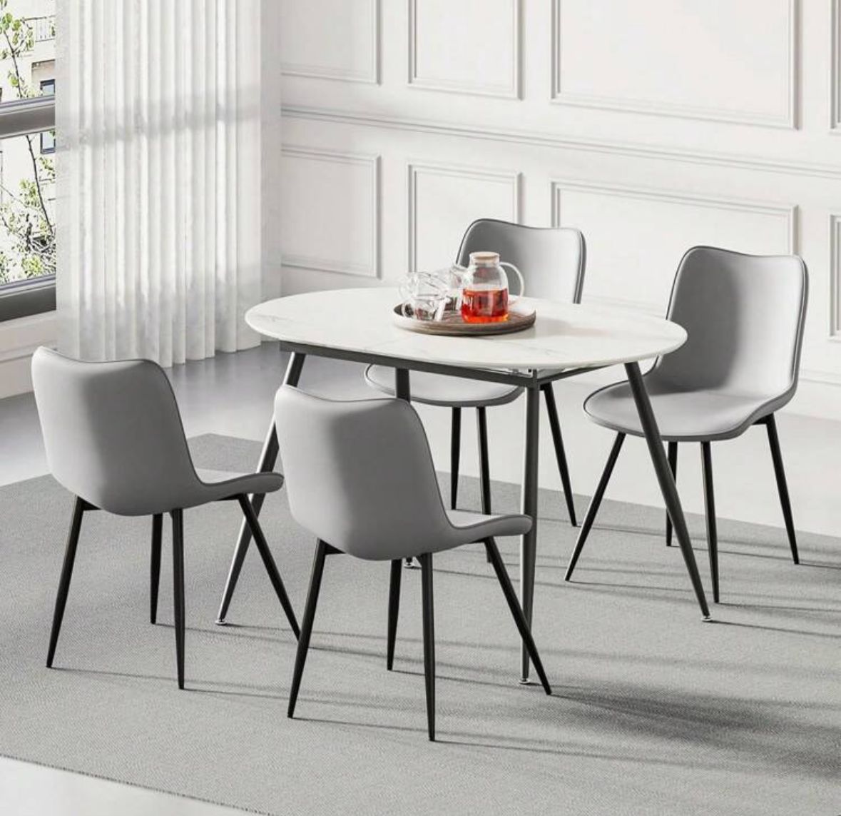 Dining Table And Chairs Set 4, Extendable Dining Table And 4 Upholstered Chairs, Marble Effect Table And Chairs For Living Room, Dining Room Set