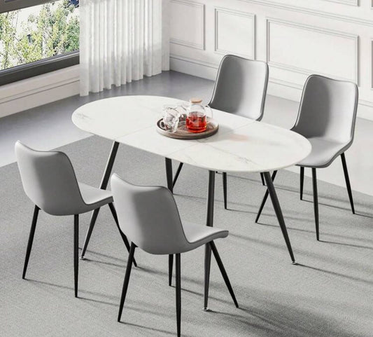 Dining Table And Chairs Set 4, Extendable Dining Table And 4 Upholstered Chairs, Marble Effect Table And Chairs For Living Room, Dining Room Set