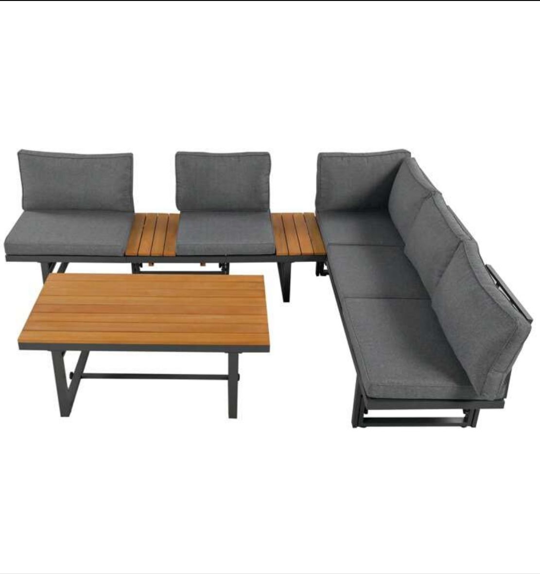 Outdoor Garden Furniture Set With 2 Sofas And Table With Galvanised Iron Frame, Adjustable Backrests, Adjustable Table, Acacia Wood, Including All Seat Cushions And Pillows, Grey