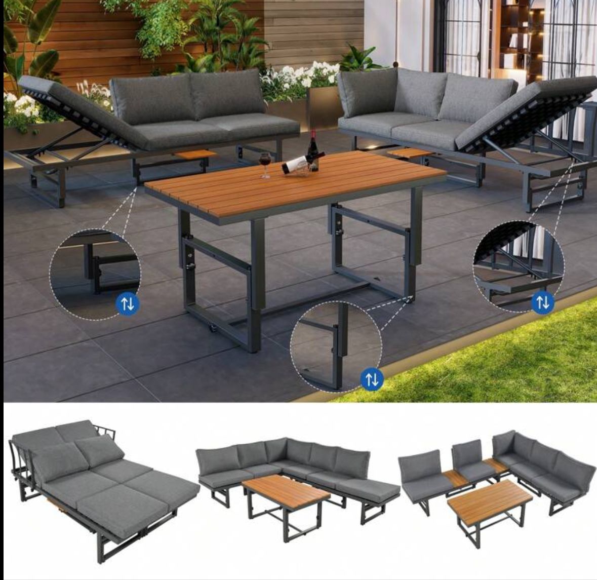 Outdoor Garden Furniture Set With 2 Sofas And Table With Galvanised Iron Frame, Adjustable Backrests, Adjustable Table, Acacia Wood, Including All Seat Cushions And Pillows, Grey
