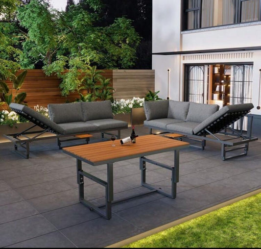 Outdoor Garden Furniture Set With 2 Sofas And Table With Galvanised Iron Frame, Adjustable Backrests, Adjustable Table, Acacia Wood, Including All Seat Cushions And Pillows, Grey