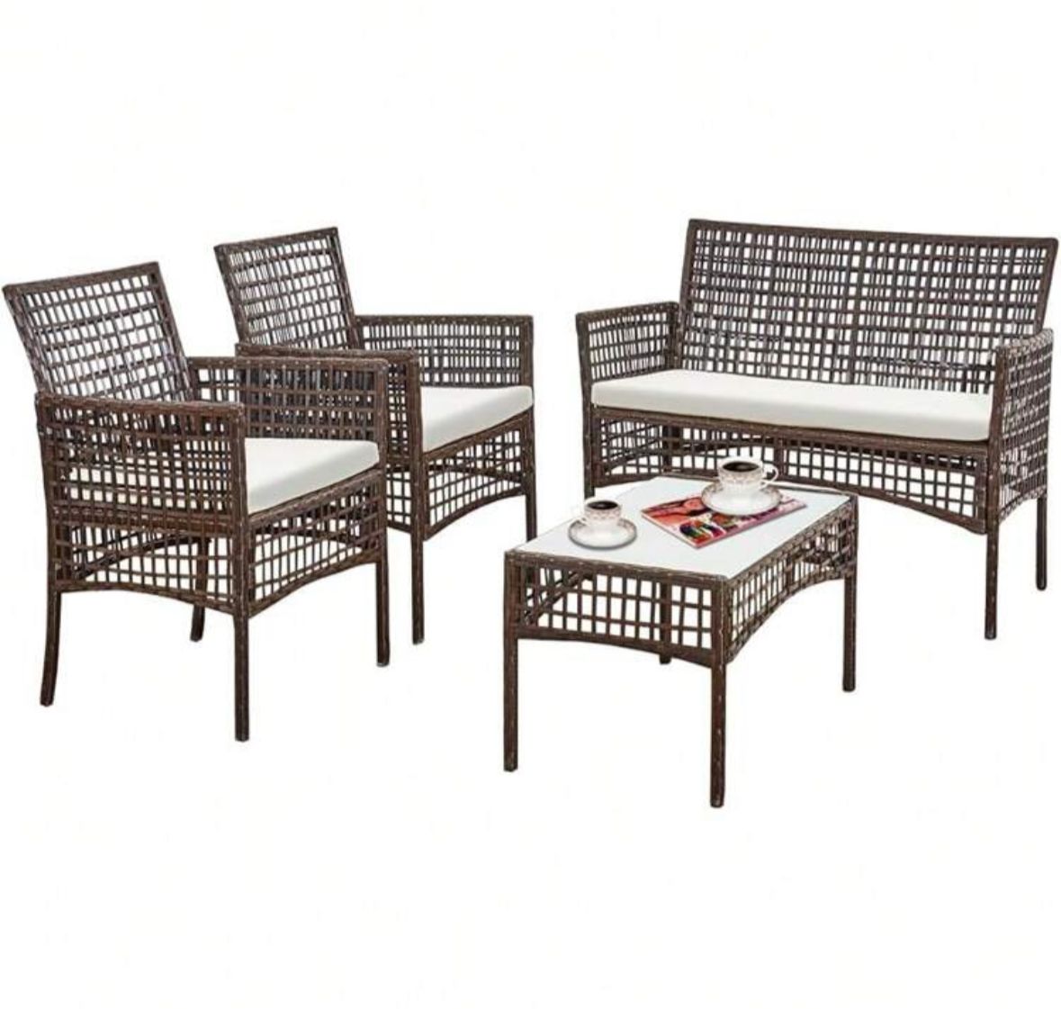 4 Piece Rattan Furniture Set Outdoor Patio Wicker Sofa Garden Conversation Sets For Yard,Pool Or Backyard,Brown Plaid-1