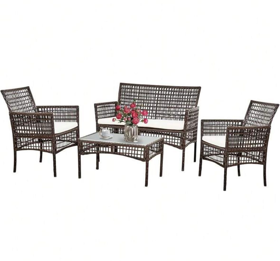 4 Piece Rattan Furniture Set Outdoor Patio Wicker Sofa Garden Conversation Sets For Yard,Pool Or Backyard,Brown Plaid-1