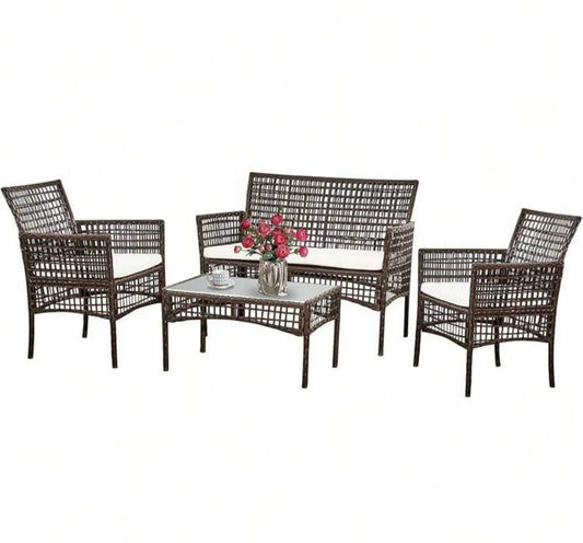4 Piece Rattan Furniture Set Outdoor Patio Wicker Sofa Garden Conversation Sets For Yard,Pool Or Backyard,Brown Plaid-1