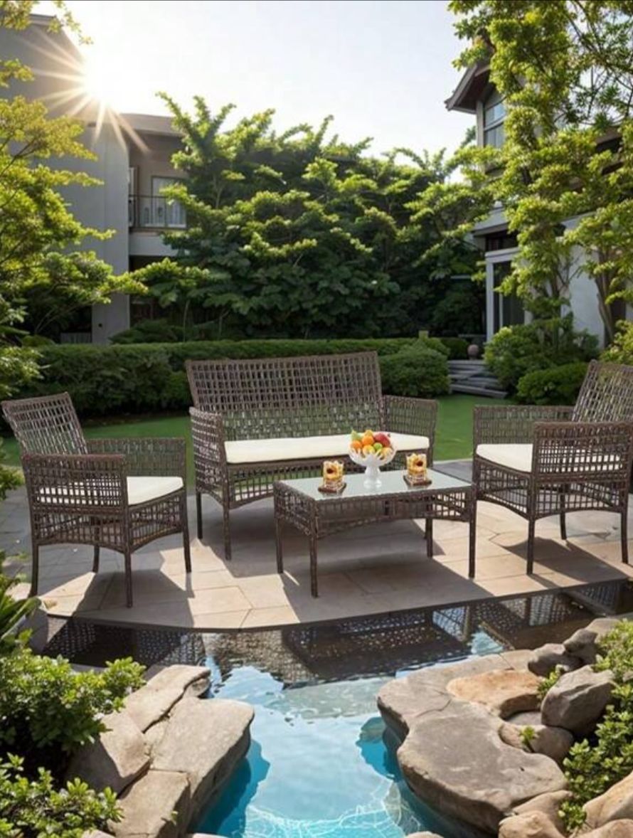 4 Piece Rattan Furniture Set Outdoor Patio Wicker Sofa Garden Conversation Sets For Yard,Pool Or Backyard,Brown Plaid-1