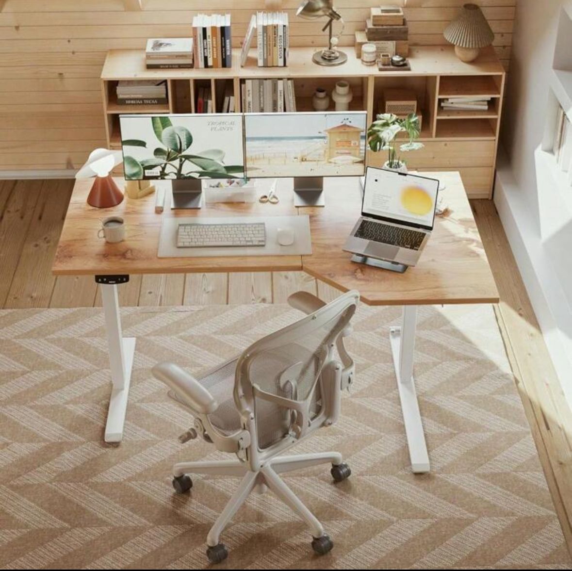 LShaped Electric Standing Desk 140cm Height Adjustable SitStand Desk For Home Office Ergonomic Computer Desk With Spliced Board Light Brown