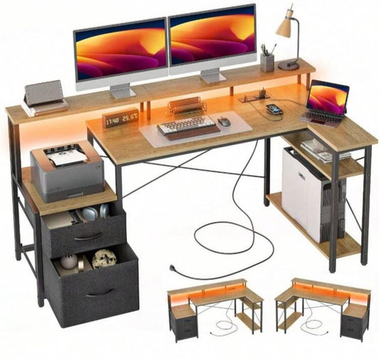 L Shaped Desk With LED Power Outlets 165x80cm Computer Desk With 2 Drawers Gaming Desk With Reversible Storage Shees Corner Desk Large Monitor Stand Table For Home Office Grey
