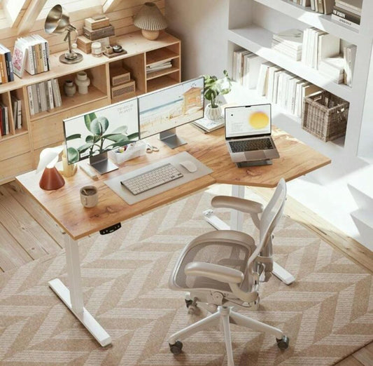 LShaped Electric Standing Desk 140cm Height Adjustable SitStand Desk For Home Office Ergonomic Computer Desk With Spliced Board Light Brown
