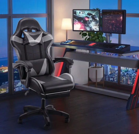 Gaming Chair, Ergonomic High Back Office Racing Chair With Armrest, Swivel Leather Desk Chairs With Adjustable Headrest And Lumbar Cushion For Office And Home (Gray)