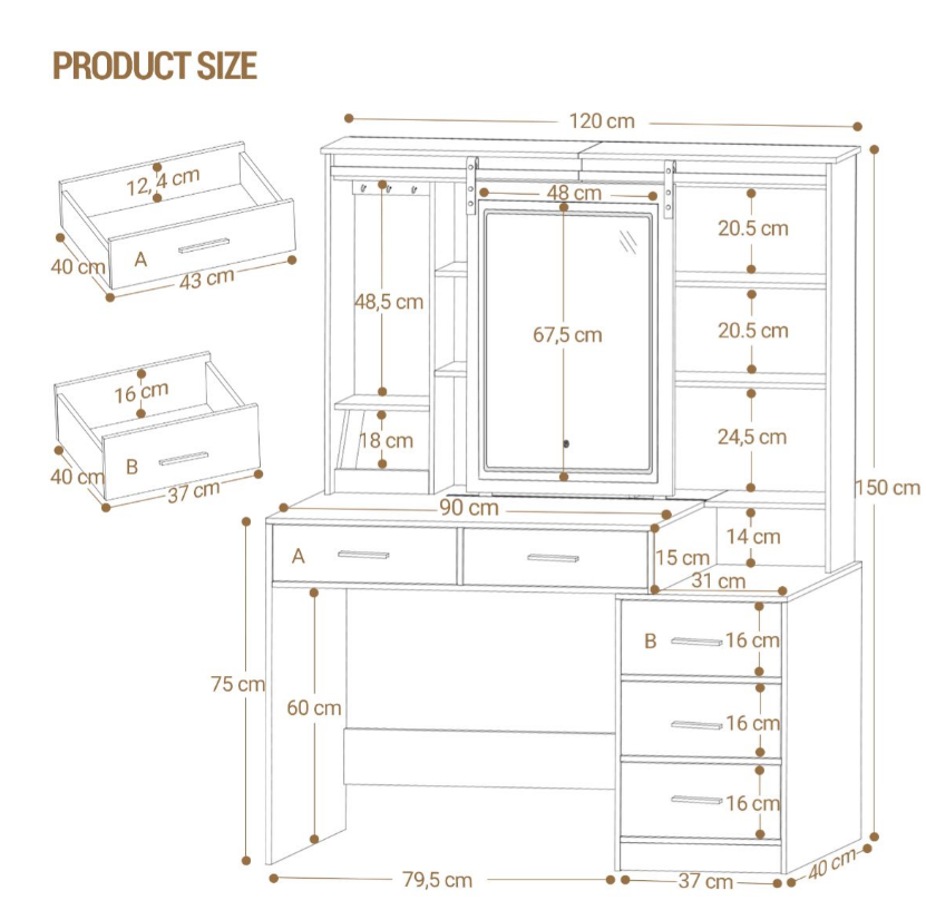Dressing Table With Adjustable LED Lights, Removable Large Mirror, With Jewellery Storage, Open Shelves, 5 Drawers, With Beside Table, For Bedroom, White