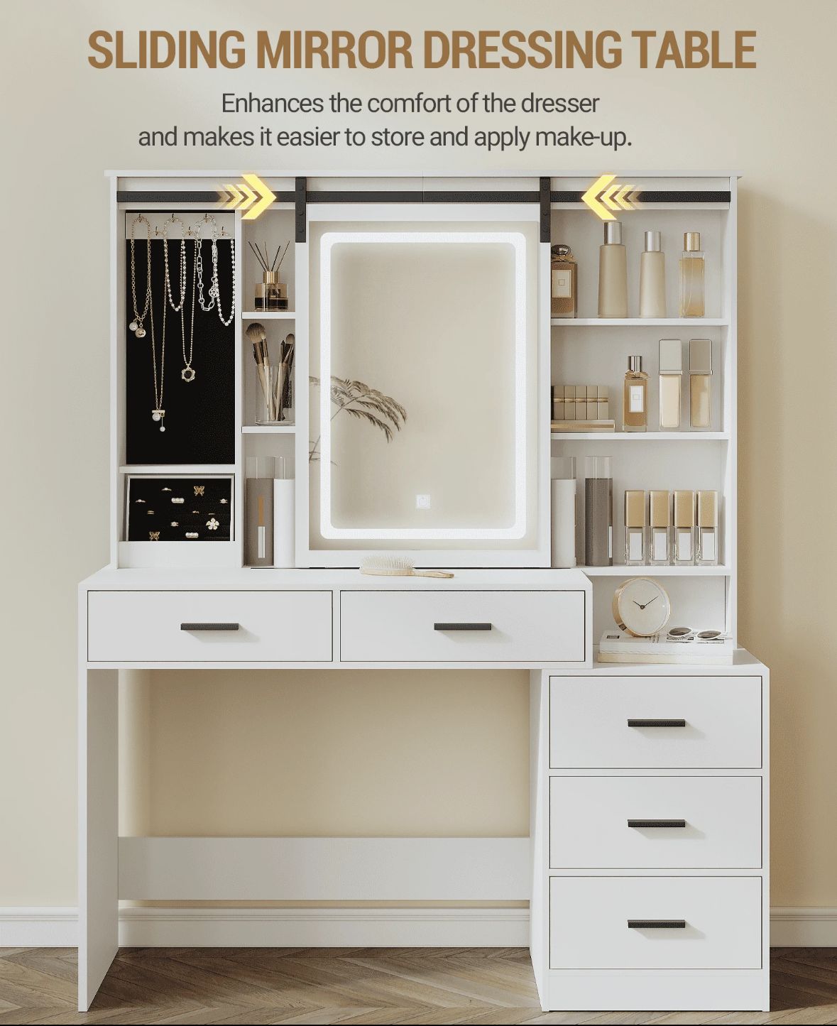 Dressing Table With Adjustable LED Lights, Removable Large Mirror, With Jewellery Storage, Open Shelves, 5 Drawers, With Beside Table, For Bedroom, White