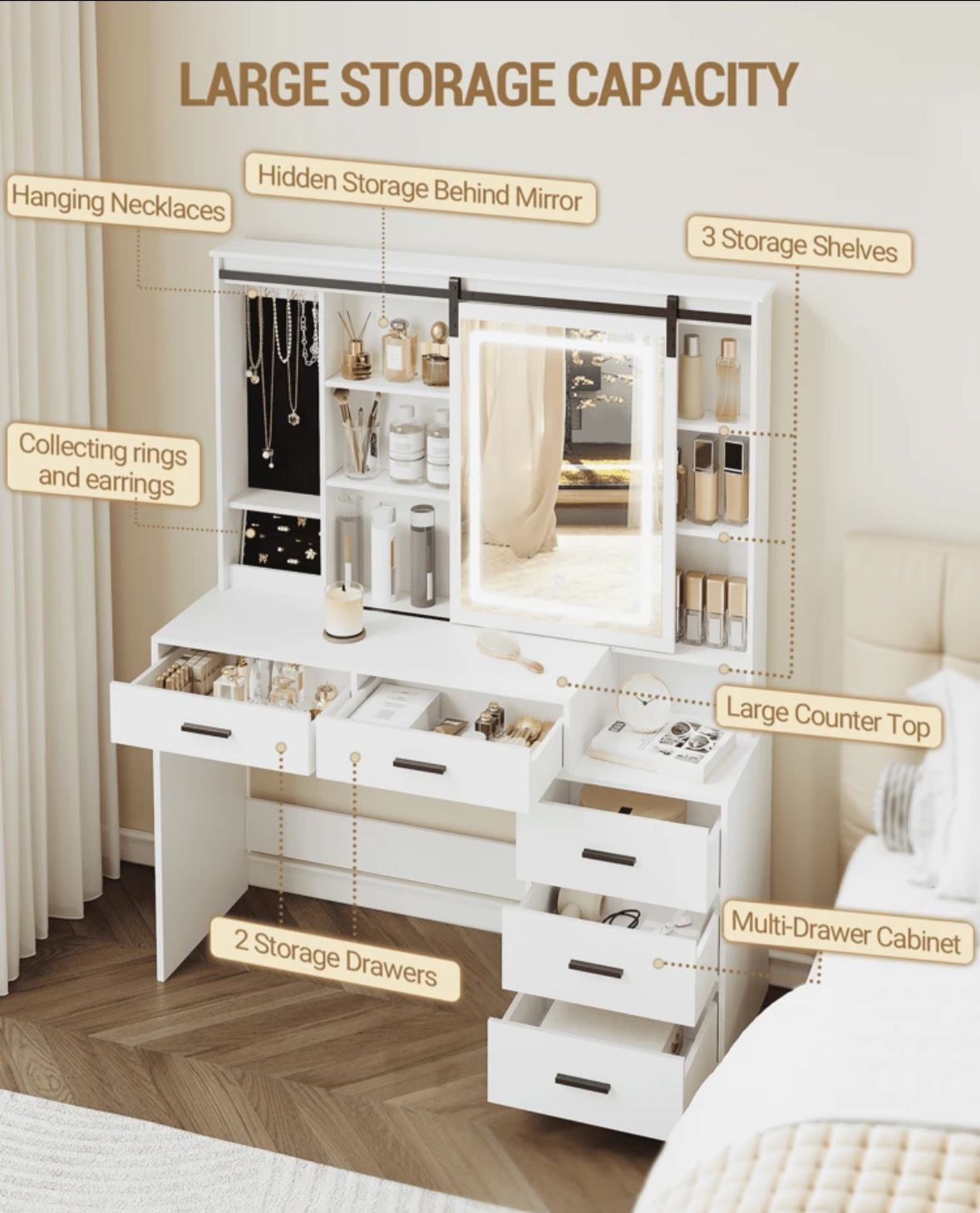 Dressing Table With Adjustable LED Lights, Removable Large Mirror, With Jewellery Storage, Open Shelves, 5 Drawers, With Beside Table, For Bedroom, White