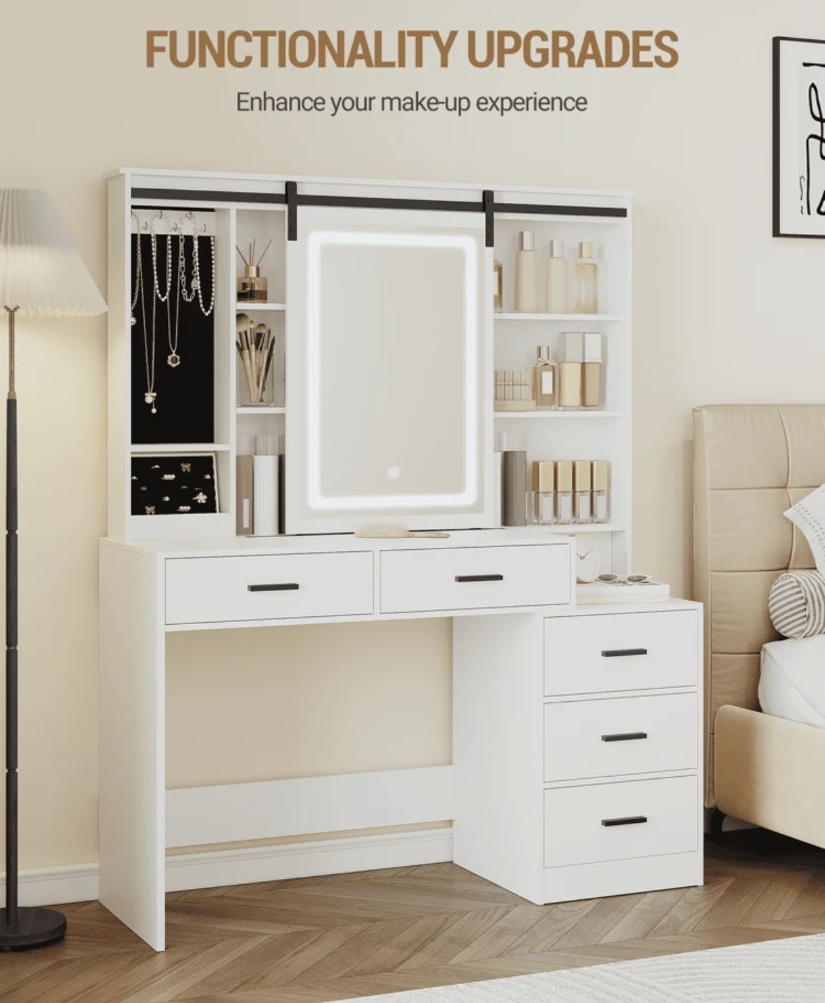 Dressing Table With Adjustable LED Lights, Removable Large Mirror, With Jewellery Storage, Open Shelves, 5 Drawers, With Beside Table, For Bedroom, White