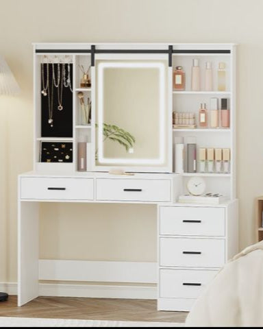 Dressing Table With Adjustable LED Lights, Removable Large Mirror, With Jewellery Storage, Open Shelves, 5 Drawers, With Beside Table, For Bedroom, White