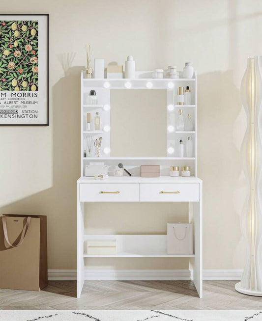 Dressing Table With Mirror, Dressing Table With Shelves And 2 Drawers, For Bedroom, Living Room, Adjustable Brightness, 40 X 80 X 149 Cm, White