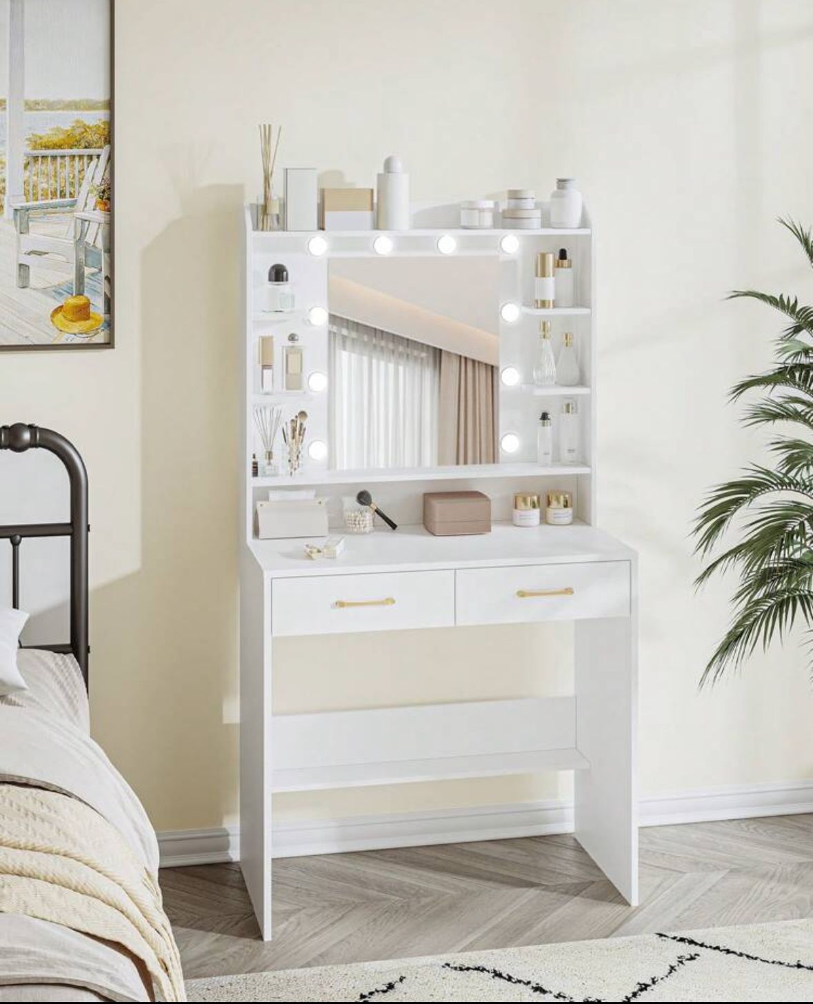 Dressing Table With Mirror, Dressing Table With Shelves And 2 Drawers, For Bedroom, Living Room, Adjustable Brightness, 40 X 80 X 149 Cm, White