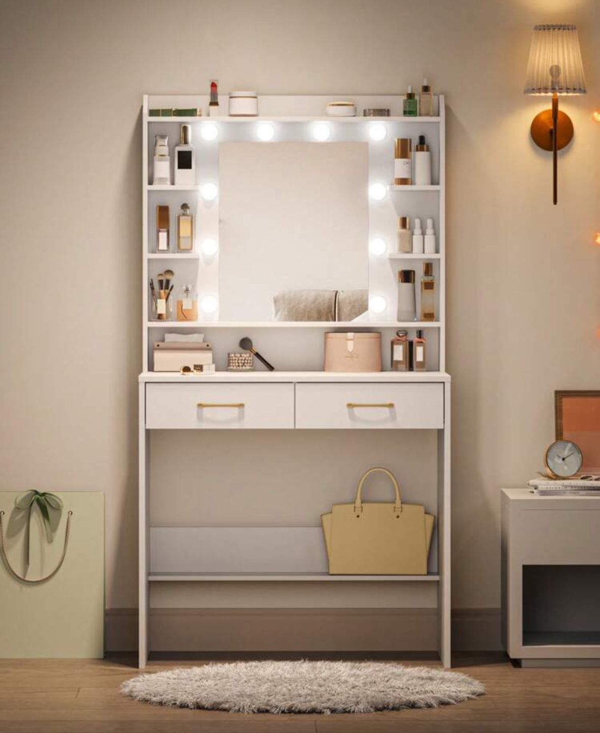 Dressing Table With Mirror, Dressing Table With Shelves And 2 Drawers, For Bedroom, Living Room, Adjustable Brightness, 40 X 80 X 149 Cm, White